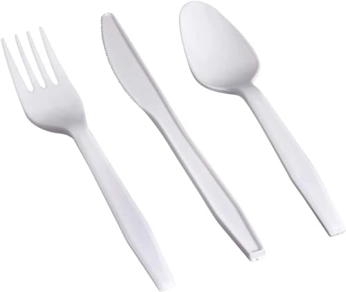 Reusable White Cutlery Set of 300 Pieces includes 100 Forks, 100 Spoons and 100 Knives - [ Strong and Durable ] Hand Washable & Reusable for All Occasion (Perfect for for Birthday Parties)