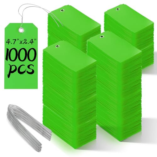 1000 Pieces Plastic Shipping Tags with Wire Labeling Tags Waterproof Hang Tags with Reinforcement Hole Writable Luggage tag Loops for Equipment Inventory Parts Garage (Green, 4 3/4 x 2 3/8)