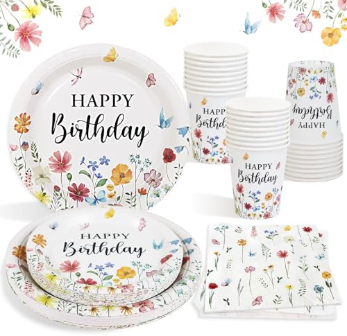Heboland Floral Party Tableware Set, 100 Pcs | Serves 25 Guests, Wildflower Birthday Paper Plates and Napkins Cup Sets, Girls Women Tea Party Decorations