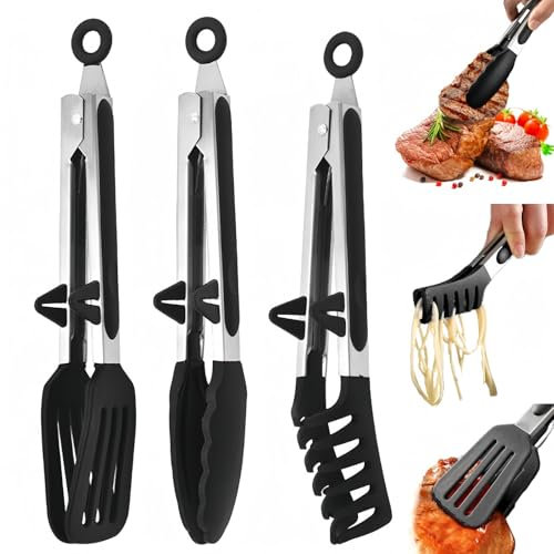 MHwan Küchenzange, 3 Stück 27cm Grillzange Edelstahl mit Ständer, die den Topf Nicht Beschädigen, BPA-Frei, Lebensmittelechtem Silikon mit Verbrühschutz Rutschfestigkeit Zange Küche,Waschmaschinenfest