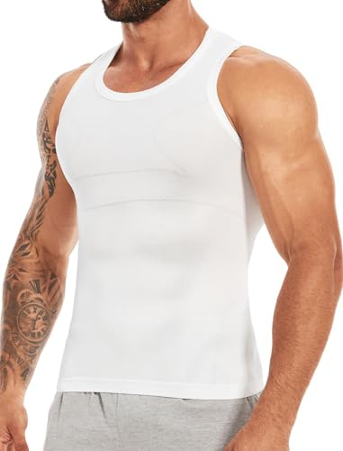 MISS MOLY Compression Shirt Men Sleeveless Slimming Vest Tummy Control Tank Top Men's Body Shaper Chest Binder Workout Waist Trainer Undershirt,White,L