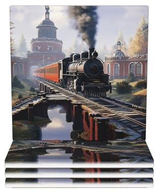 Getränkeuntersetzer mit Halter, Keramik-Getränkeuntersetzer, 6er-Set, Kastanien-Zug-Stil, saugfähige Keramik-Untersetzer mit Korksockel, für Heimdekoration, Küche, Geschenk, Bar, Couchtisch,