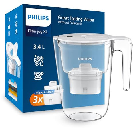 Philips Water Jarra Filtro de agua gran capacidad XL + 3 cartuchos de repuesto, Filtración Avanzada, flujo rápido, temporizador electrónico, BLANCO, capacidad 3,4 L