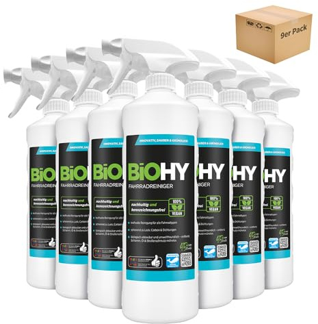 BiOHY Cykelrengörare (9 x 1 liter) sprayhuvud | Högeffektivt skum | biologiskt nedbrytbart | perfekt för elcyklar och alla cyklar | rengöringsspray