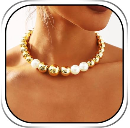 Handcess Klobige goldene Halskette mit Perlen, dicke Perlenkette für Damen