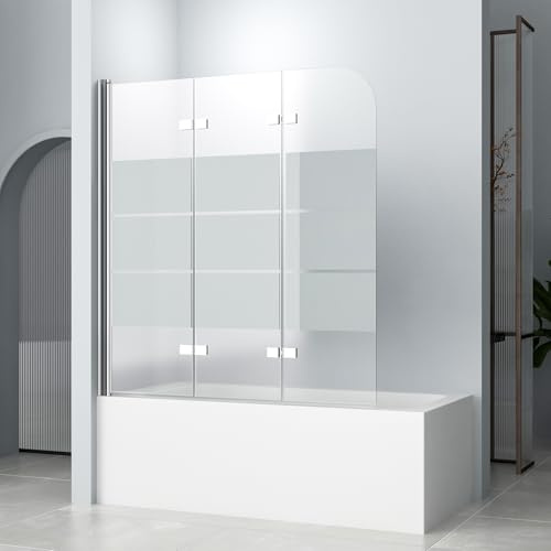 Duschwand für Badewanne 140 x 140 cm, 3 teilige Gestreift Faltbar Badewannen Duschabtrennung, 6 mm ESG Sicherheitsglas, transparente Duschabtrennung, für Badzubehör