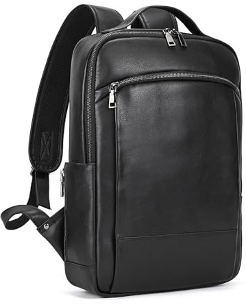 LUUFAN Genuine Leather Shoulder Bag for Men Casual Laptop Backpack Daypack Rucksack Business Travel Outdoor Bag with Trolley Sleeve, Black