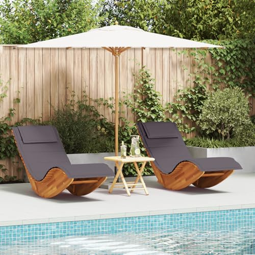 HETFTJN Lettini a Dondolo 2 Pezzi in Legno Massello di Acacia con Cuscini, Sdraio da Giardino Esterno per Balcone Piscina, Design Ventilato e Funzione Oscillante