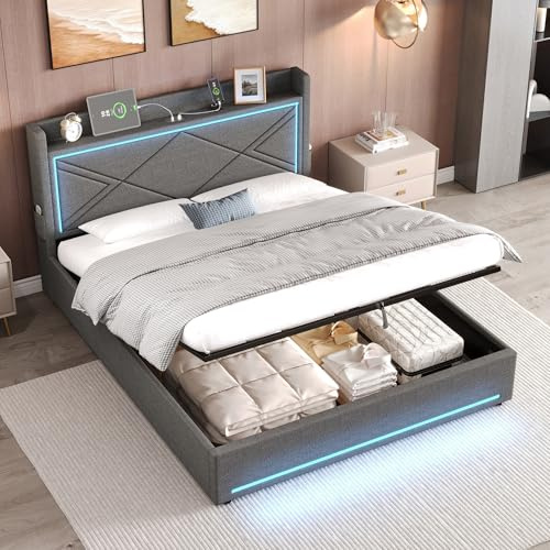 Gxffipw 4ft6 Upholstered Ottoman Bed Double with LED Lighting and USB Port, Hydraulic Double Bed Frame 135x190 cm with Storage Space and Headboard, No Box Spring Needed, Linen, Grey, No Mattress