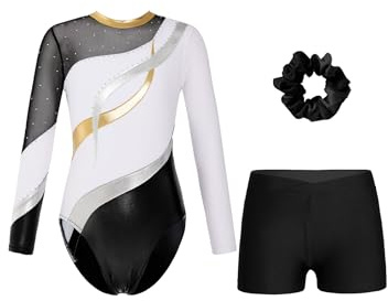 Sinleey Turnanzug Mädchen Langarm Gymnastikanzug Mit Hose Und Haarband 3-teiliges Gymnastik-outfit Wettkampf B Weiß schwarz 146-152