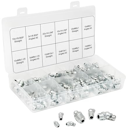 Set di Ingrassatori, M6 M8 M10 Grasso Raccordo Assortimento, 130 Pezzi Ingrassatori Testine, Raccordo per Ingrassatore in Metallo in Dritto e Angolato 45° 90°, Ingrassatori Testina per Auto