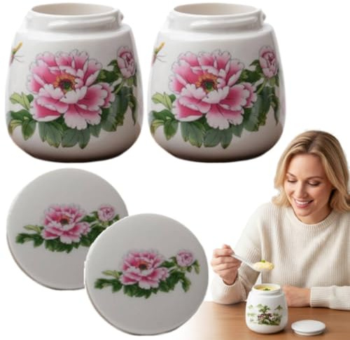 2Pcs Coddled Egg Cups, Egg Coddlers Sets with Lids, Vintage Ceramic Soft Boiled E-gg Cooker,220ml Porcelain Tableware Breakfast Serving,Steamed Eggs Dish,Single or Double Egg-Cooking,Chawanmushi Cups