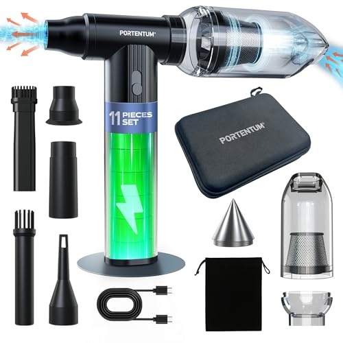 PORTENTUM 2 en 1 Mini Aspirateur à Main sans Fil 25 kPa – Batterie 10 000 mAh Jusqu’à 135 Min USB-C – Souffleur air comprimé 180 km/h brushless – Aspirateur Voiture à Vitesse réglable – Set de 11