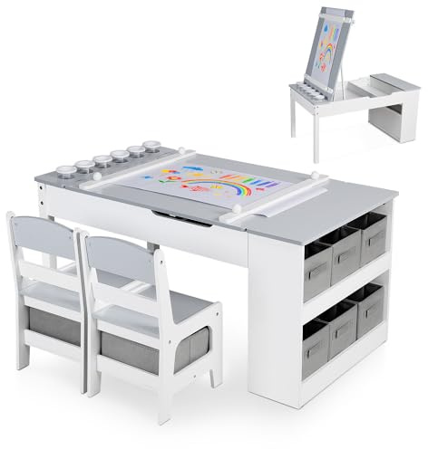 GRAVFORCE Kindertisch mit 2 Stühlen, Maltisch & Basteltisch Kinder mit anhebbarer Tischplatte Spieltisch Kinderzimmer mit Stauraum Farbbechern 8 Stoffbehältern für Kinder ab 3 Jahren (Grau Weiß)