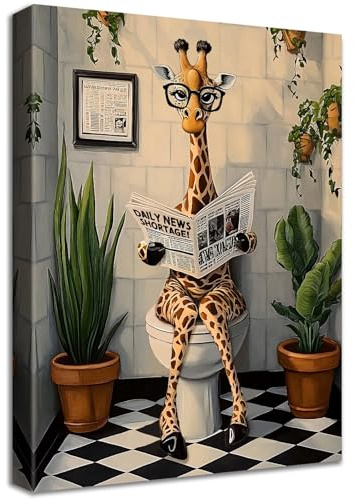 Cuarto de Baño Marco de Madera Cuadro Moderno Jirafa Divertida Leyendo el Periódico en el Inodoro Lienzo Decorativos Pintura Poster Imagen Animales Cuadros Decoracion Baño Aseo Inodoro WC 30cmx40cm