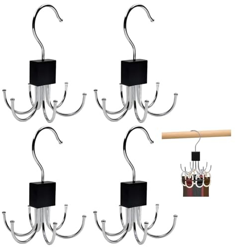 Funngy Percha para Cinturón,4 PCS Organizador de Cinturón Giratorio 360° para Armario con 6 Ganchos Metálicos Percha para Cinturones Corbatas Bufandas y Bolsos Ahorro de Espacio