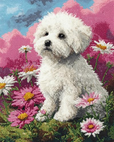 AYAOYANGGO Tier Kreuzstich Set Weißer Hund Und Blumen Diy-Kreuzstich-Sets Für Erwachsene Mit Nadeln，Scheren-Einfädler，Vordruck Für Die Wanddekoration Zu Hause 11CT 30x40cm