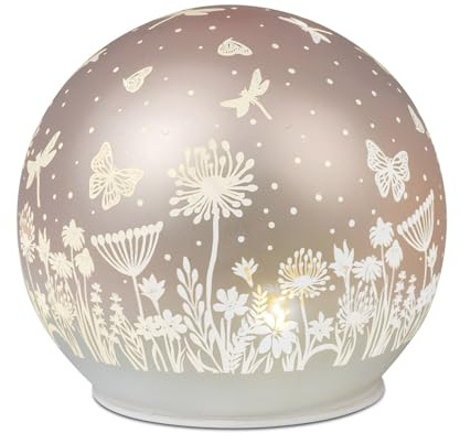formano LED Deko Kugel Glas Peach Rosa 12cm Matte Glasleuchte mit Blumen-Dekor- Timer 6h/18h, batteriebetrieben (3× AA), stimmungsvolles Ambientelicht für Tisch, Fensterbank & Regal