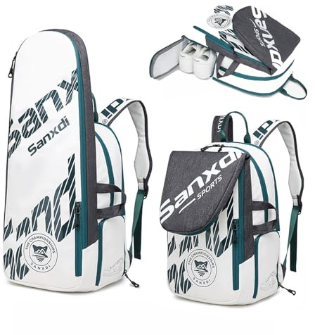 [for Tennis Badminton Backpack] Tennis Racket Bag for Men Womens, Hold 2-4 Racket Storage Sports Bags, Rucksack for Badminton Squash Rackets, Pickleball Paddles, Balls (Upgraded - White)