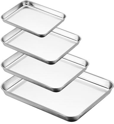 Stainless Steel Baking Trays 4Pcs, Non Stick Oven Tray Set 23/26/31/40 cm | 2.5cm Deep. Heat Safe to 300°C. Non-Toxic, Easy Clean. Baking Sheets for Cooking Roasting, Dishwasher Safe