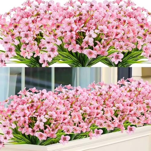 Titifeya 10 Bundles Artificial Pink Violet Flowers Outdoor UV Resistant Plastic Fake Plants, Artificial Faux Plants for Garden Window Box Hanging Planter Indoor Home Porch Decor