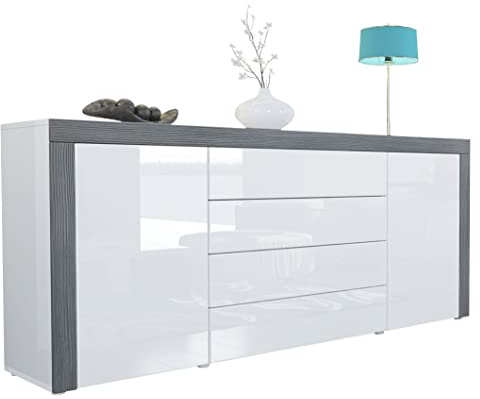 Vladon Buffet Commode La Paz, Corps en Blanc Haute Brillance/Façades en Blanc Haute Brillance avec Une Bordure en avola-Anthracite