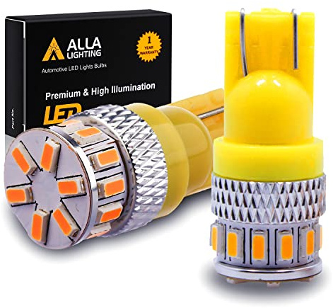 Alla Lighting T10 Wedge 168 194 LED Bulbs, Amber Yellow Super Bright 360° Side Marker Lights, Interior Map, Dome, Trunk Lamps W5W 2825 175, 3014 18-SMD 12V Replacement for Cars, Trucks