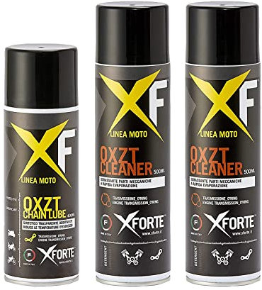 XFORTE Kit pulizia catena moto o-ring, kit manutenzione catena, due OXZT chain cleaner sgrassante catena 500 ml + un grasso lubrificante catena alte prestazioni OXZT chain lube 400 ml.