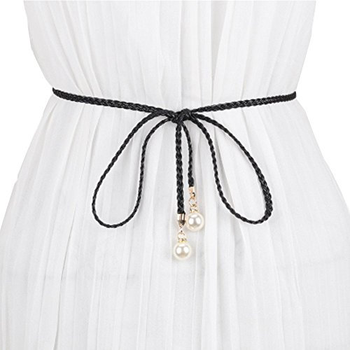 Cheerlife Schmaler Flechtgürtel 0,6cm dünn Geflochten Gürtel Perlen Dekoration Damen Taillengürtel Kleid Belt Gürtel (Schwarz)