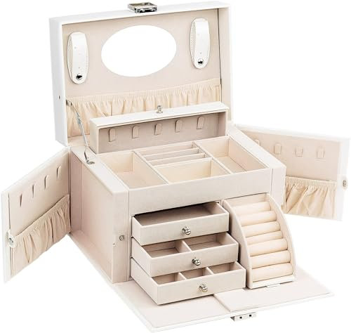 ADEL DREAM Schmuckkästchen Schmuckkoffer groß abschließbar mit Spiegel schmuck box jewellery box für Ringe Ohrringe geschenke grosser schmuckbox abschließbar Weiß