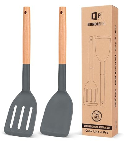 Pack of 2 Silicone Cooking Spatula, Heat Resistant Solid Turner, Non Stick Slotted Spatulas with Wooden Handle,Ideal Wood Kitchen Utensils Set for Frying, Baking, Flipping, Turning (Gray)