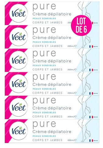 VEET PURE - Crème Dépilatoire Corps & Jambes - Peaux Sensibles - Sans Odeur d'Amoniaque - Lot de 6x200ml