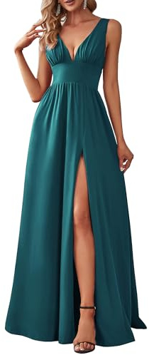 Ever-Pretty Robe pour Mariage Invité Longue Fendue Femme Col V Mousseline de Soie sans Manche A Line Chic Bleu Sarcelle 52