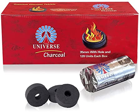 Caja 120 Pastillas de CARBÓN Charcoal Autoencendido de 35mm con Agujero en Medio, (20 Rollos de 6 Pastillas), para Shisha, Cachimba, Pipa de Agua, Barbacoa, Incensario, Incienso. Encendido Rápido