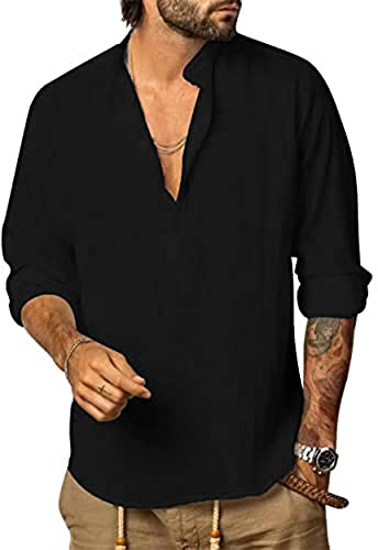 YAOHUOLE Camisa de algodón y lino para hombre, manga larga, casual, cuello Henley, sin cuello, para abuelo, camisetas de verano y playa, Negro, XL