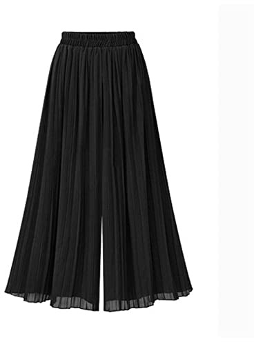 Palazzo-byxor för kvinnor Storbritannien, kvinnors chiffong breda ben byxor enkla veckade elastiska hög midja Palazzo-byxor sommar eleganta lösa beskurna byxor raka ben byxor flödande culottes-byxor, Bl