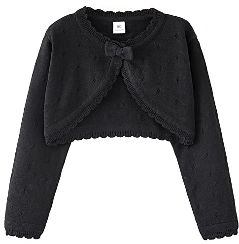 Maeau Gilet Boléro Enfant Fille Cardigan Manche Longue Petite Fille Gilet Pull en Tricot Bébé Boléro Coton Fleurs Noir Cache-Coeur Danse Classique Veste de Ballet Manteau Tricoté Col Rond Chandail 110