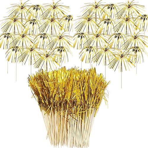 Allazone 100 PCS Feu D'artifice Cocktail Bâtons, 18.5CM Or Feu D'artifice Bambou Bois Bâton de Cocktail pour La Décoration de Gâteaux, Articles de Fête, Décoration de Noël