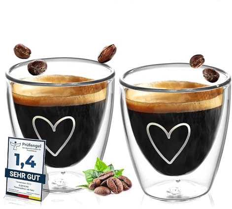ElbFuchs® Juego de tazas de café expreso con forma de corazón, 2 x 80 ml, de doble pared, vasos térmicos de doble pared, de cristal sin asa, para todas las máquinas de espresso