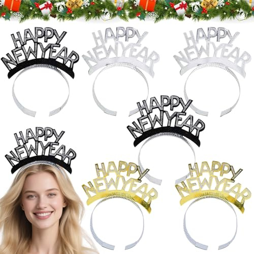 6 Stück Silvester Haarreif, 2026 Happy New Year Haarreif, Silvester Kopfschmuck Tiara Stirnband, Neujahr Fotorequisiten, Haarreifen Silvesterdeko 2026 Haarschmuck Sylvester Party Kostüm Zubehör