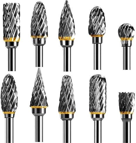 LEAZZLE Juego de Fresas Rotativas de Carburo de Tungsteno,10 Piezas de Vástago de 1/8 adaptables a Herramienta Giratoria para Tallado de Carpintería de Bricolaje, Pulido de Metales, Grabado