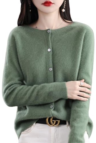 TeysHa Kashmir-cardigan för kvinnor, långärmad kofta av ull med knäppning och rund hals, mjuka varma stickade elastiska tröjor, grön (Pine Green), storlek XXL, grön (Pine green), XXL
