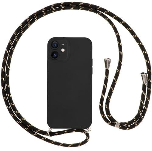 Vauki handyband Hülle für iPhone 12 Mini mit Band, HandyHülle mit Kordel, Weich Silikon TPU Stoßfest Bumper mit Kette zum Umhängen für iPhone 12 Mini, Lanyard-Schwarz