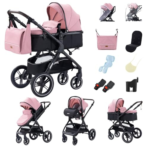 YAZOCO kinderwagen 3 in 1 Buggy Babybett Komplett Set Einem Klick Zusammenklappbarer Kinderwagen, KombiKinderwagen Aluminiumrahmen für Neugeborene