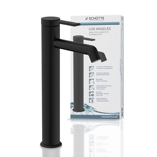SCHÜTTE Waschtischarmatur für Aufsatzwaschbecken LOS ANGELES 33116, Wasserhahn Bad hoher Auslauf, hohe Armatur Badezimmer, Einhebelmischer Bad Auslauf Höhe 225 mm, Mischbatterie Waschbecken, Schwarz
