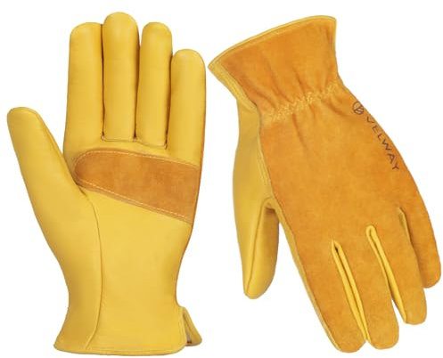 Velway Garten Lederhandschuh für Damen und Herren - Rindsleder Dornensicher Gartenhandschuhe zum Beschneiden von Rosen Kaktus Arbeitshandschuhe - Größe 9/L Gelb