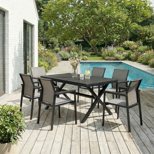 IDIMEX Gartenmöbel Set Windy mit 1 Tisch und 6 Stühlen aus Alu und WPC in schwarz/grau, Esstisch Set in Holzoptik, Stühle mit Netz witterungsbeständig bespannt, Gartensitzgruppe.