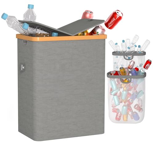 AdelDream 140L Pfandflaschen Sammelbehälter 2 Fächer mit Deckel Groß Flaschensammler mit Loch Küche Abstellraum Flaschentasche Dunkelgrau