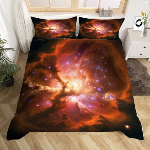 3D Galaxythema Bettwäsche Set 135x200 cm Weich Mikrofaser Weltall Kinder Bettwäsche-Set mit Reißverschluss 3 Teilig Bettbezug Set mit 2 Kissenbezug 80x80 cm