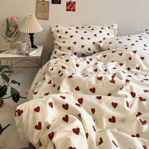 Michorinee Double Duvet Cover Set Red Love Heart Pattern Bedding Set Double Bed 3pcs Microfiber Quilt Cover Zipper Closure with 2 Pillow Cases 50x75 cm